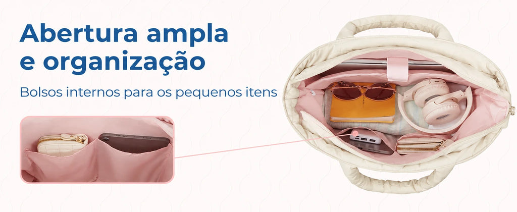 Interior e organização dos compartimentos — bolsa boston puffer Bags Mart cor Bege