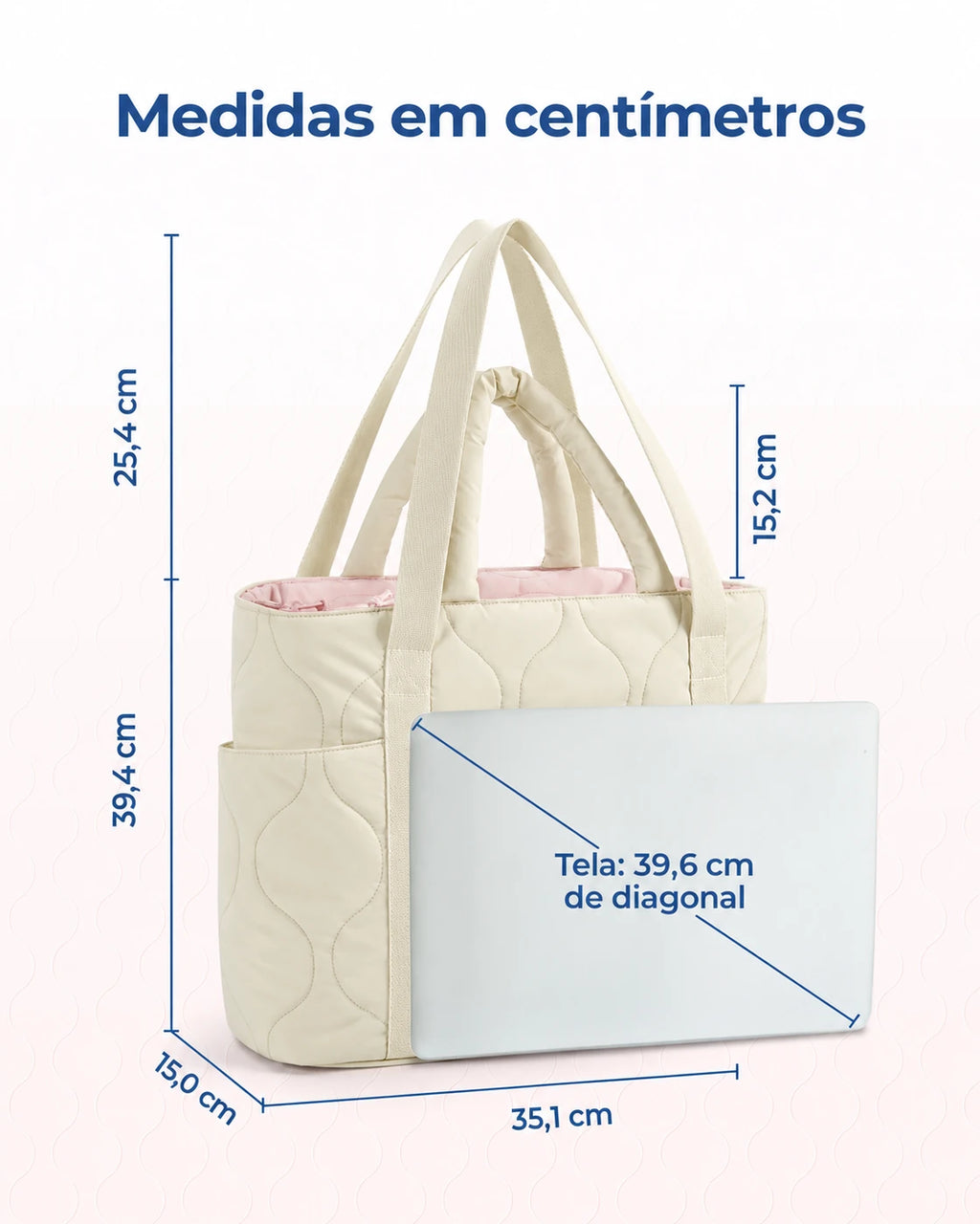 Dimensões em centímetros — bolsa boston puffer Bags Mart cor Bege