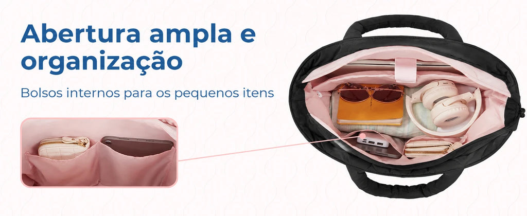 Interior e organização dos compartimentos — bolsa boston puffer Bags Mart cor Preto