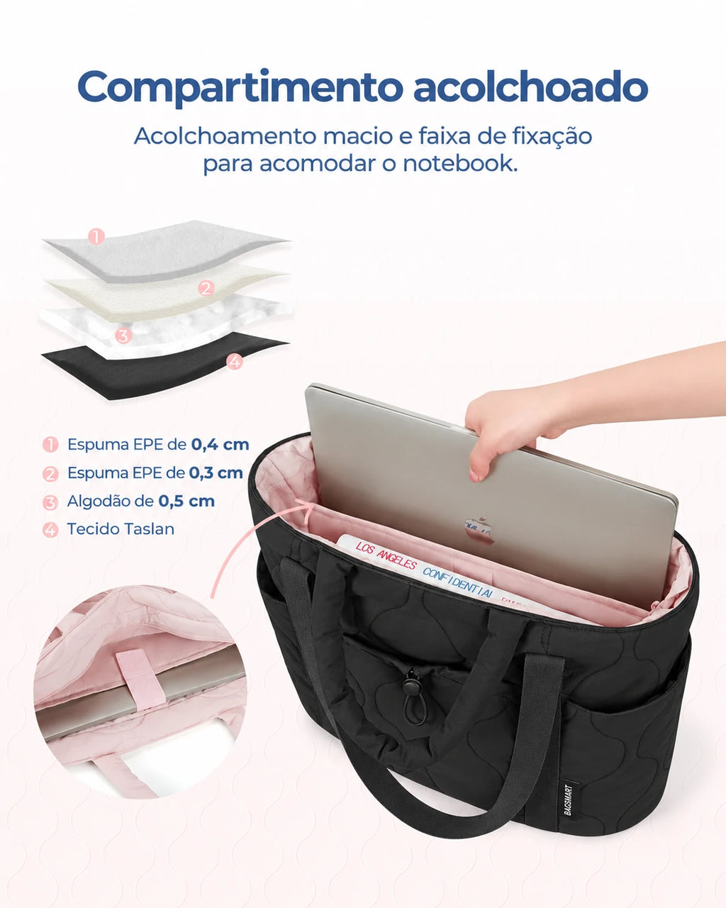 Acolchoamento do compartimento para notebook — bolsa boston puffer Bags Mart cor Preto