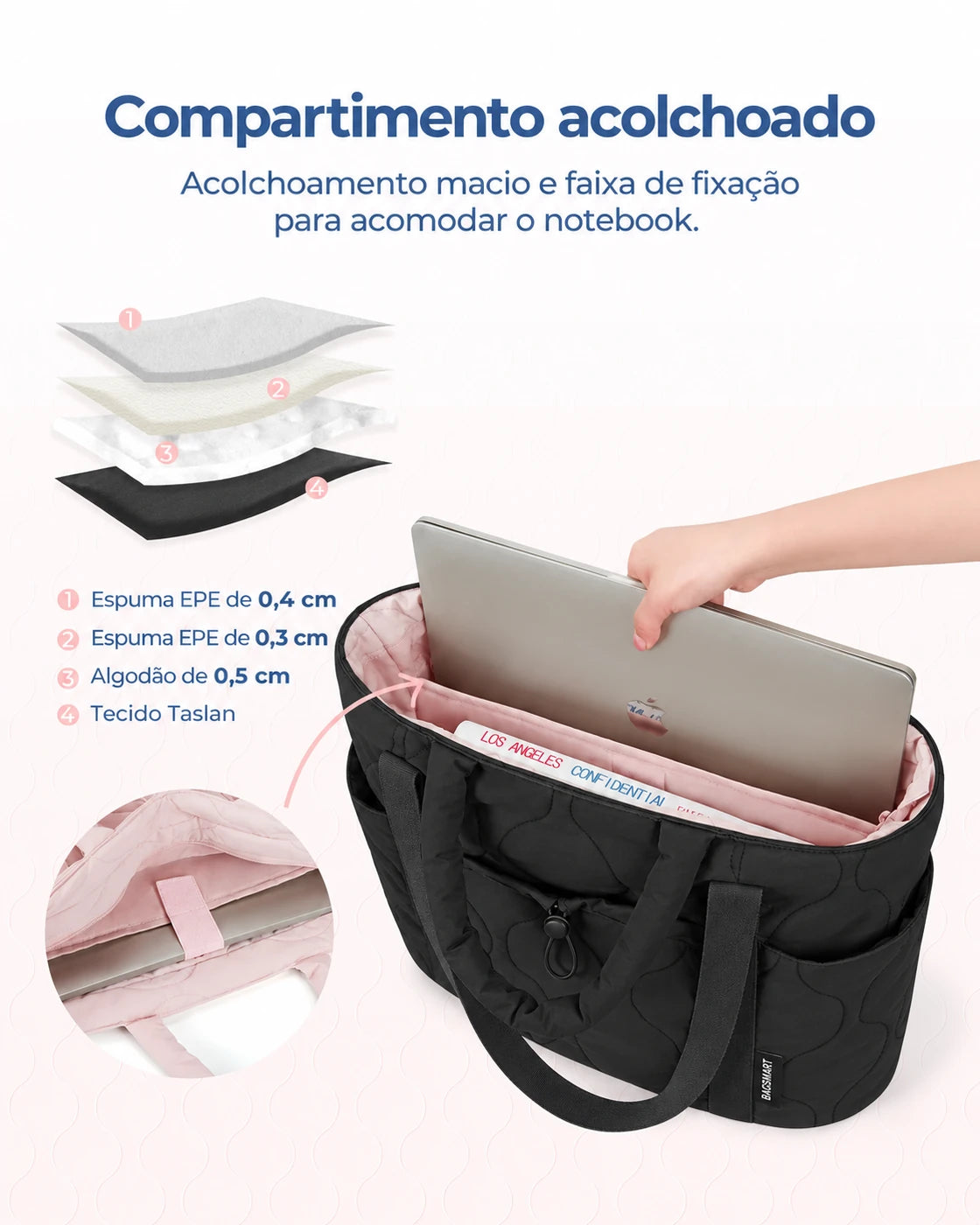 Acolchoamento do compartimento para notebook — bolsa boston puffer Bags Mart cor Preto