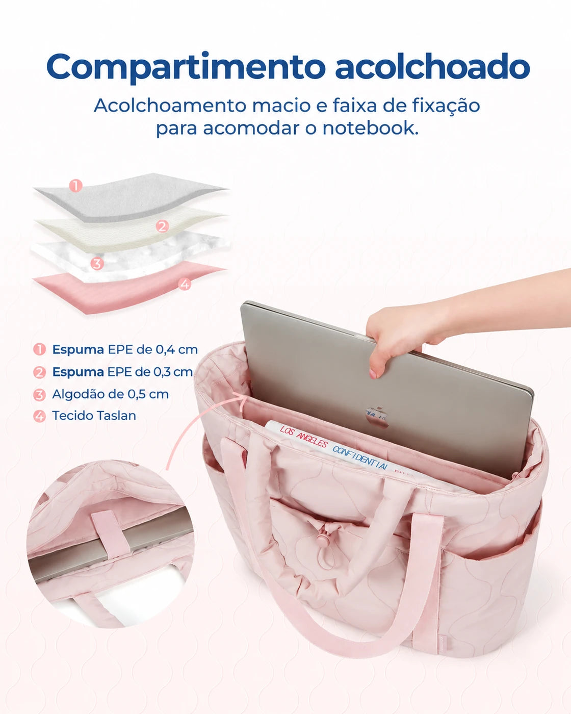 Acolchoamento do compartimento para notebook — bolsa boston puffer Bags Mart cor Rosa