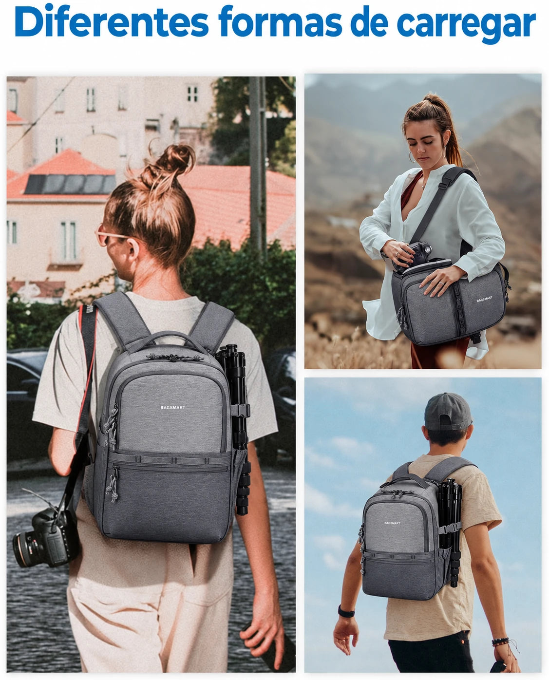 Produto em uso — mochila camera 2 em 1 Bags Mart cor Cinza
