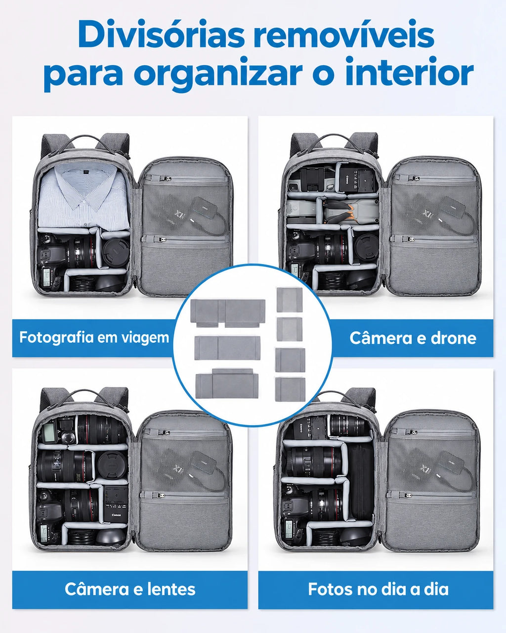 Interior e divisórias removíveis — mochila camera 2 em 1 Bags Mart cor Cinza