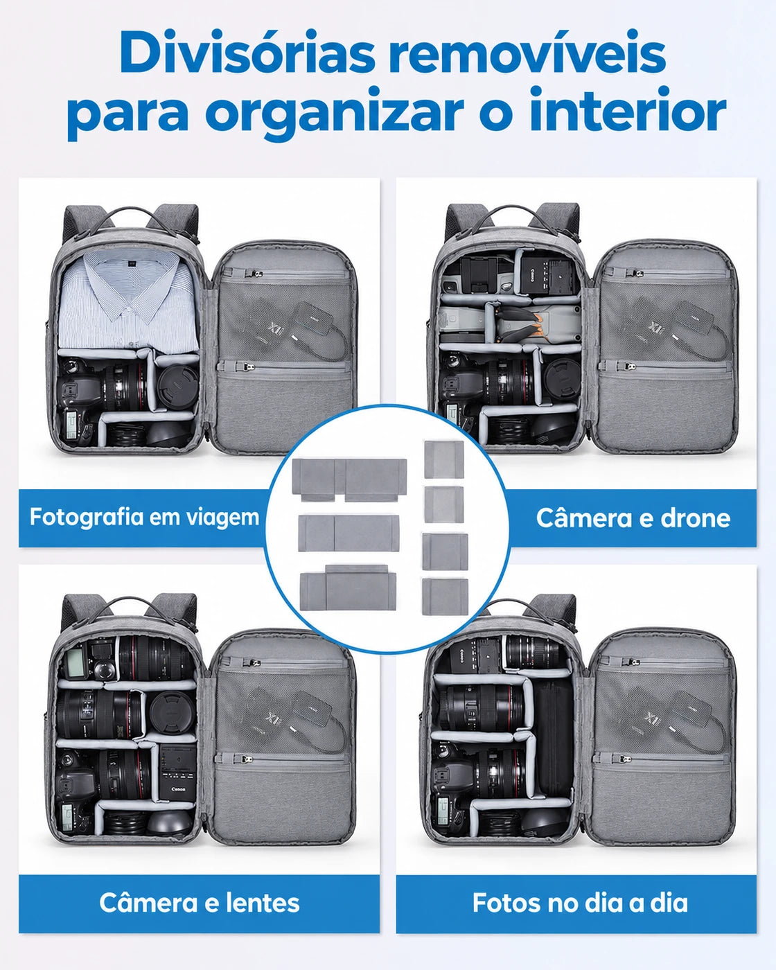 Interior e divisórias removíveis — mochila camera 2 em 1 Bags Mart cor Cinza
