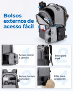 Bolsos frontais, acesso lateral e suporte de tripé — mochila camera 2 em 1 Bags Mart cor Cinza
