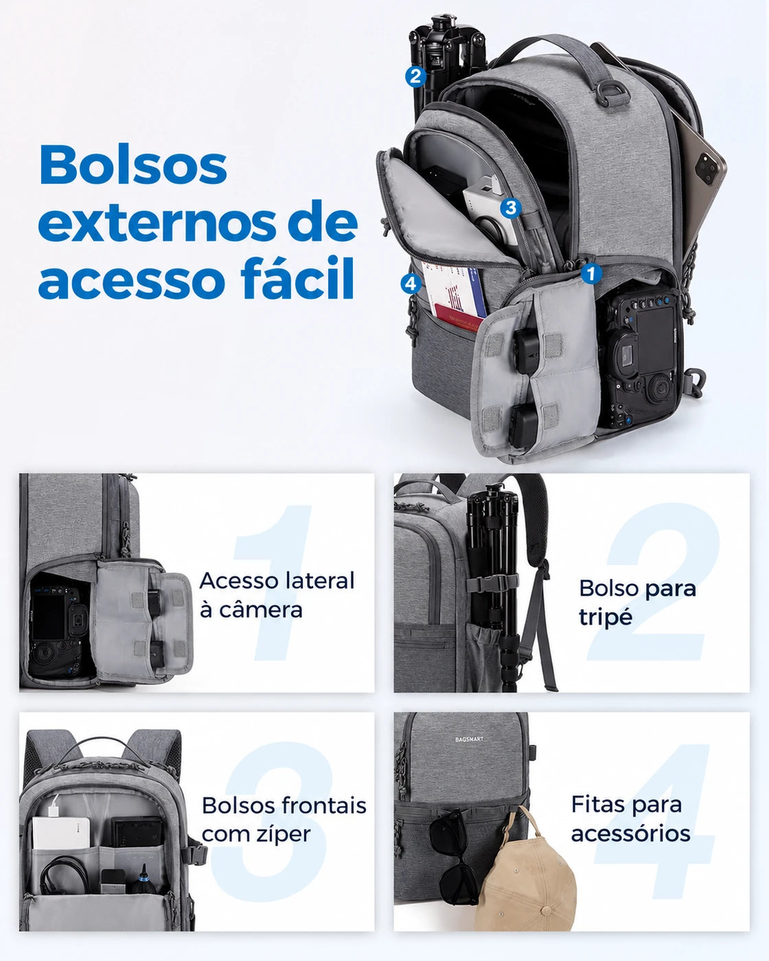 Bolsos frontais, acesso lateral e suporte de tripé — mochila camera 2 em 1 Bags Mart cor Cinza