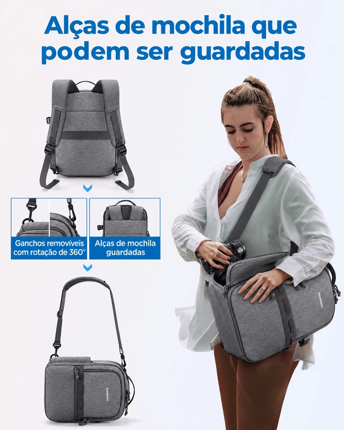 Alças de mochila que podem ser guardadas e alça transversal — mochila camera 2 em 1 Bags Mart cor Cinza