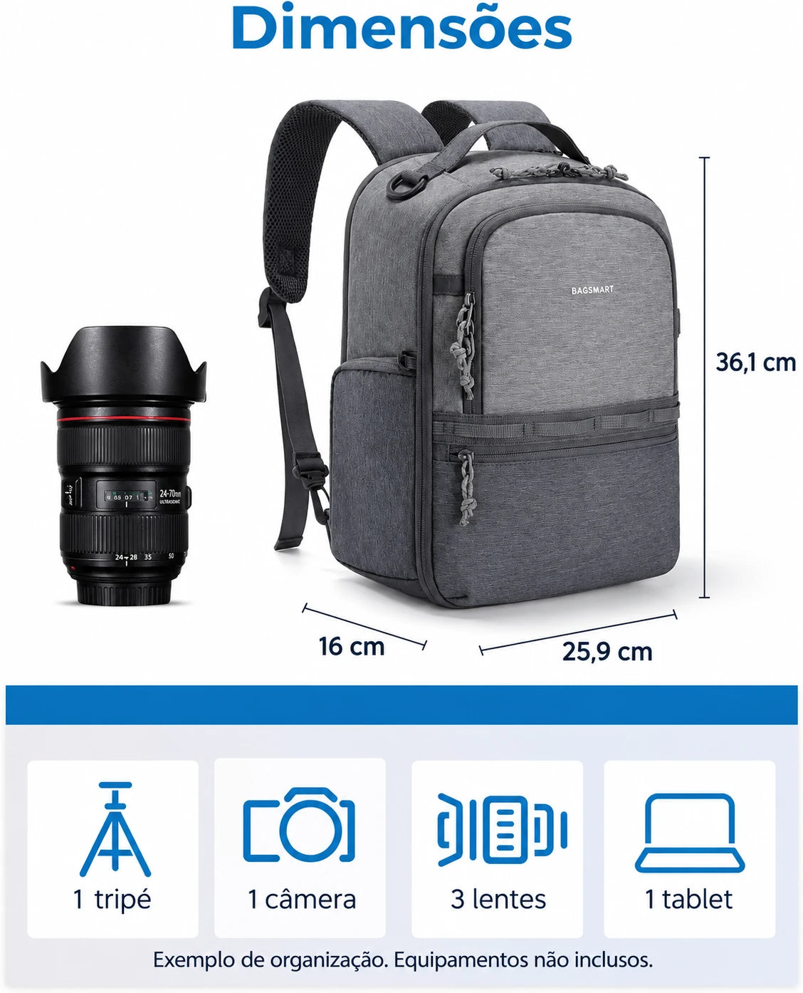 Dimensões em centímetros — mochila camera 2 em 1 Bags Mart cor Cinza
