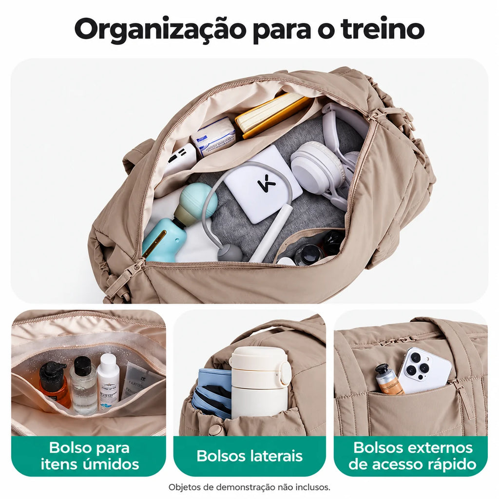 Interior e bolsos organizadores — bolsa ginastica acolchoada 18l, cor Camel