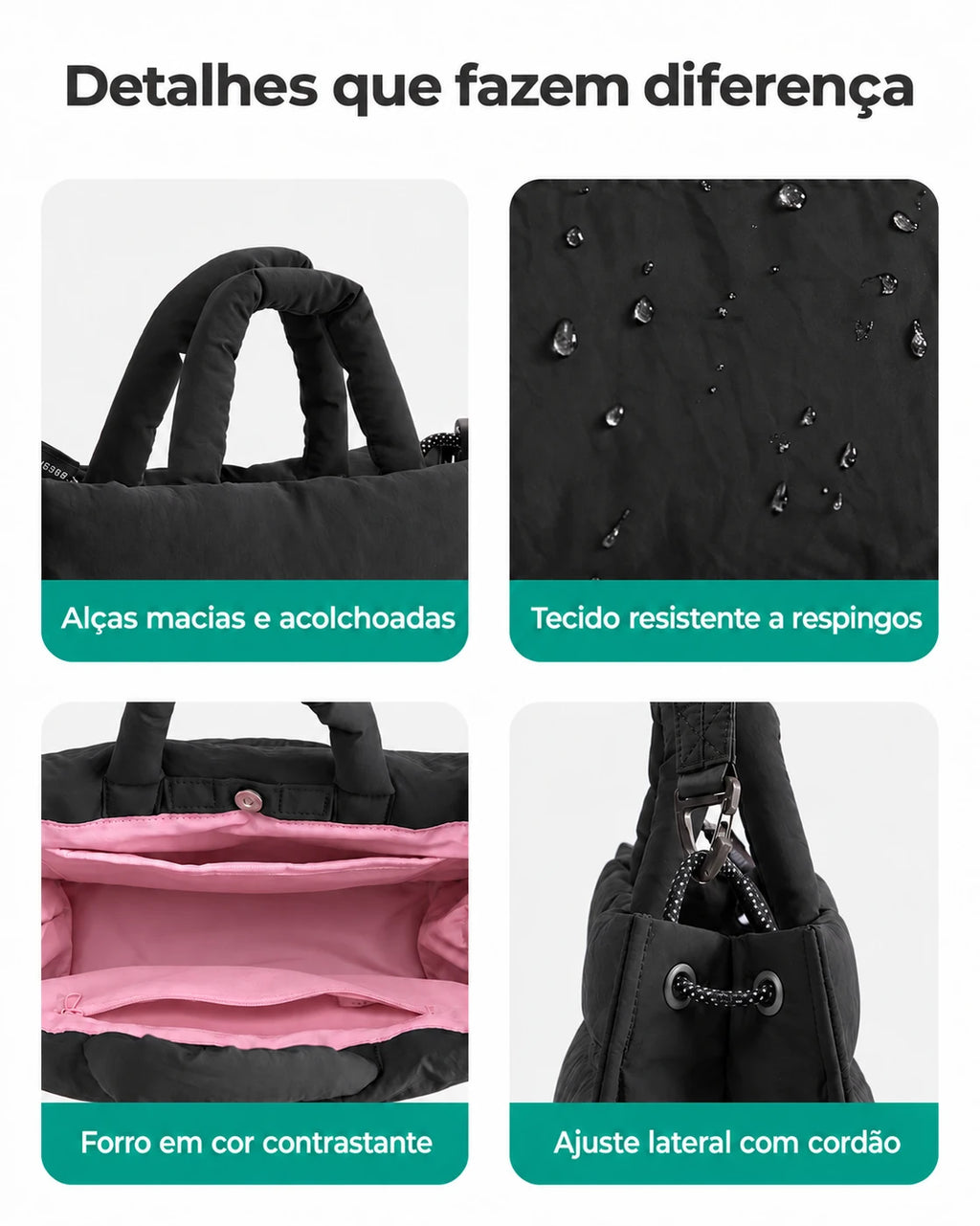 Alças, tecido, forro e ajuste lateral — bolsa acolchoada Bags Mart cor Preto