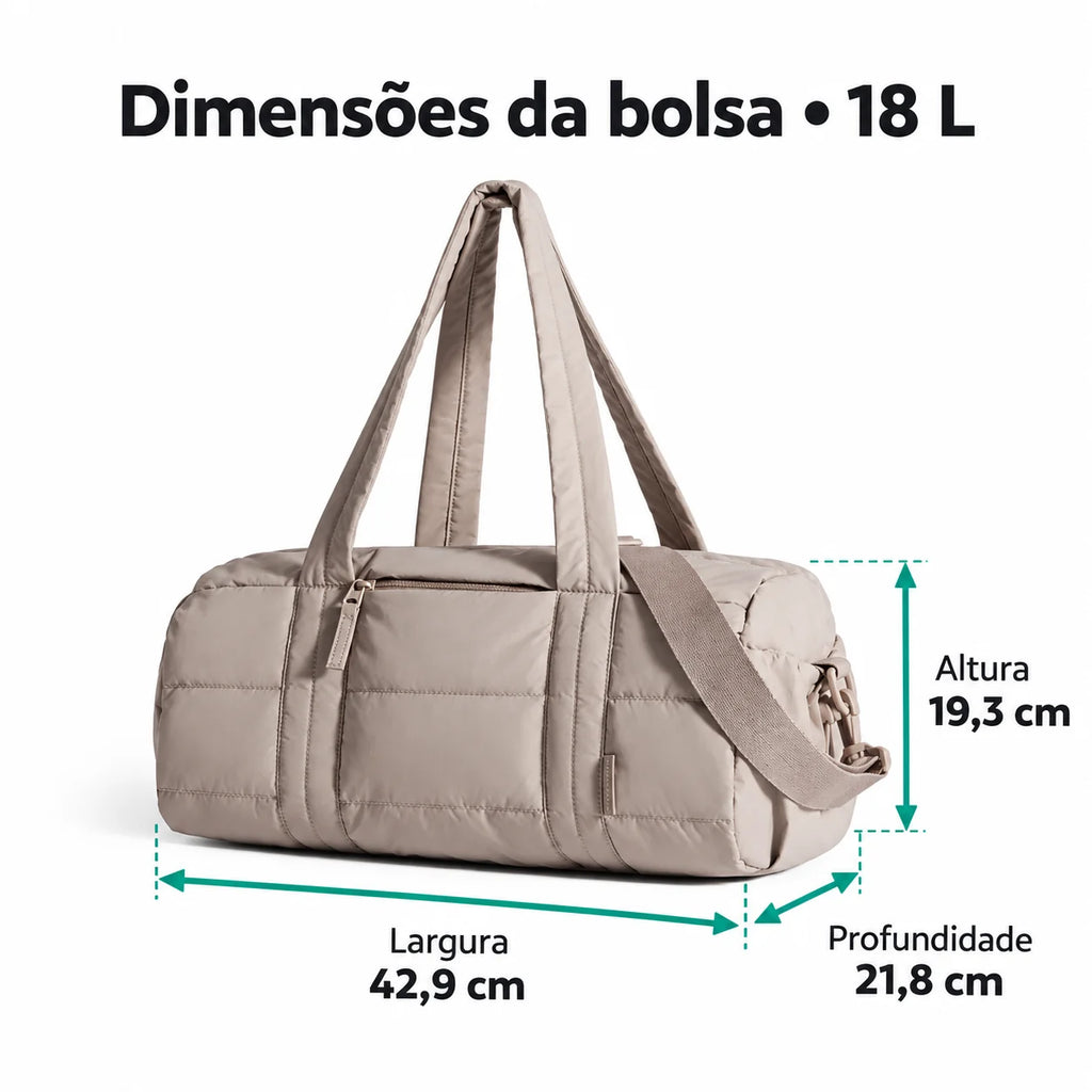 Dimensões em centímetros — bolsa ginastica acolchoada 18l, cor Camel