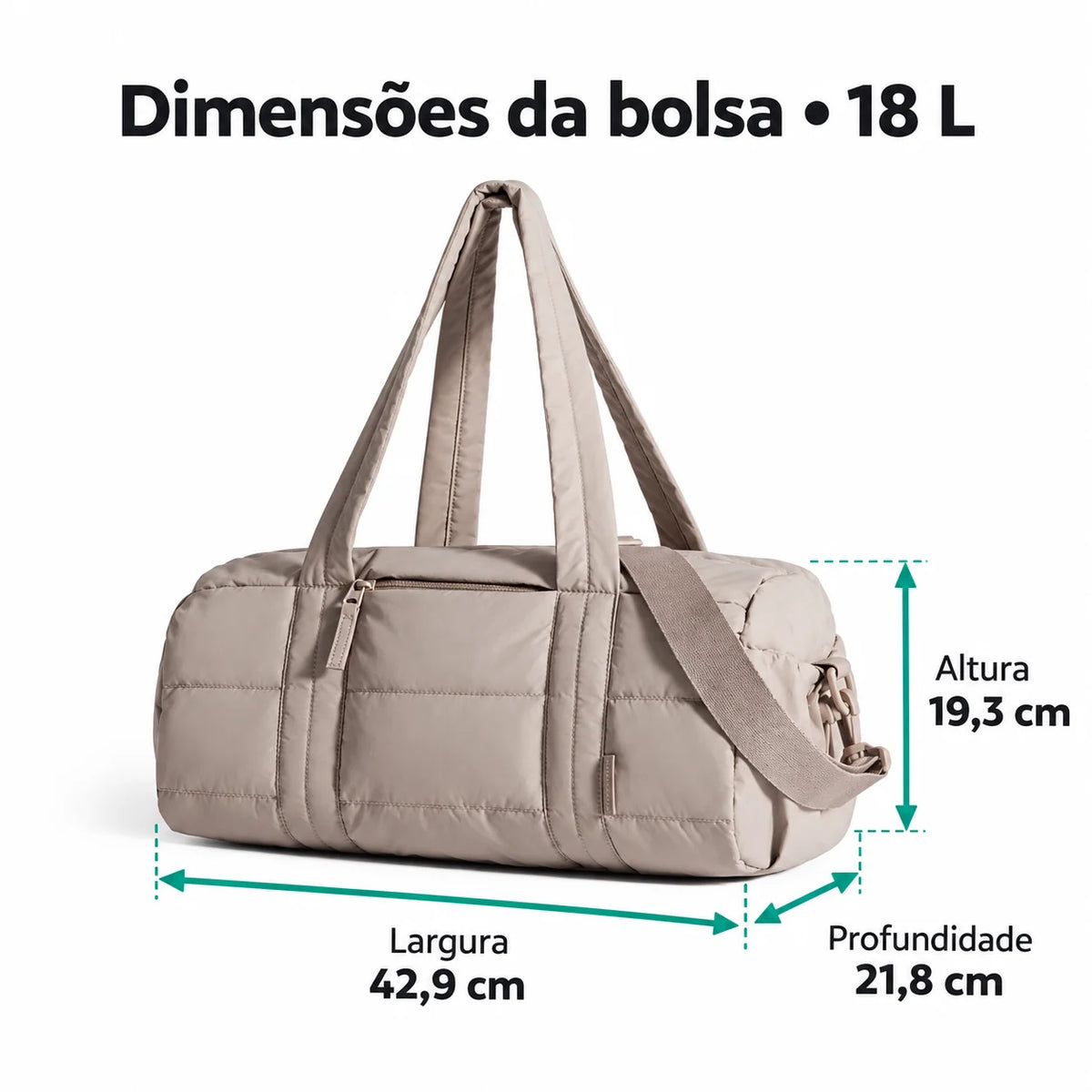 Dimensões em centímetros — bolsa ginastica acolchoada 18l, cor Camel