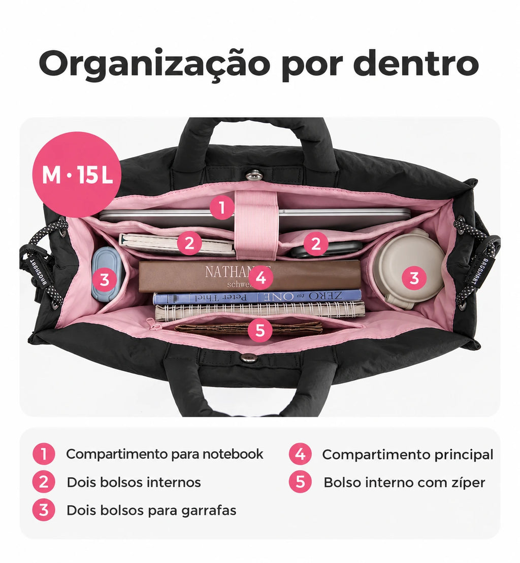 Organização e bolsos internos — bolsa acolchoada Bags Mart cor Preto, tamanho M