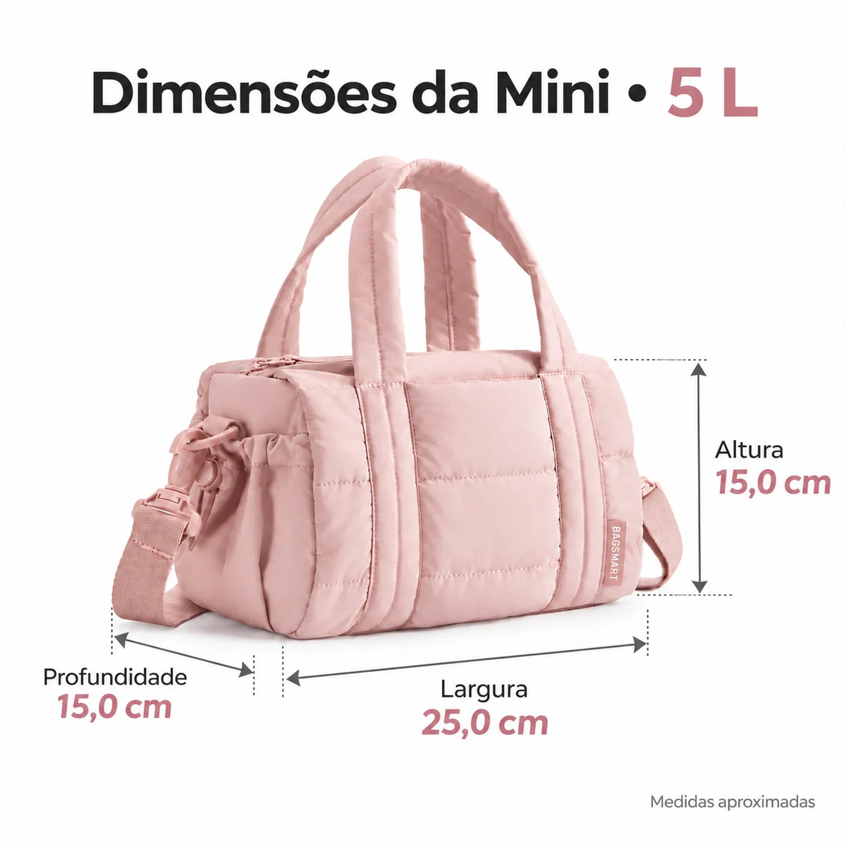 Dimensões em centímetros — bolsa transversal acolchoada Mini5L, cor Rosa