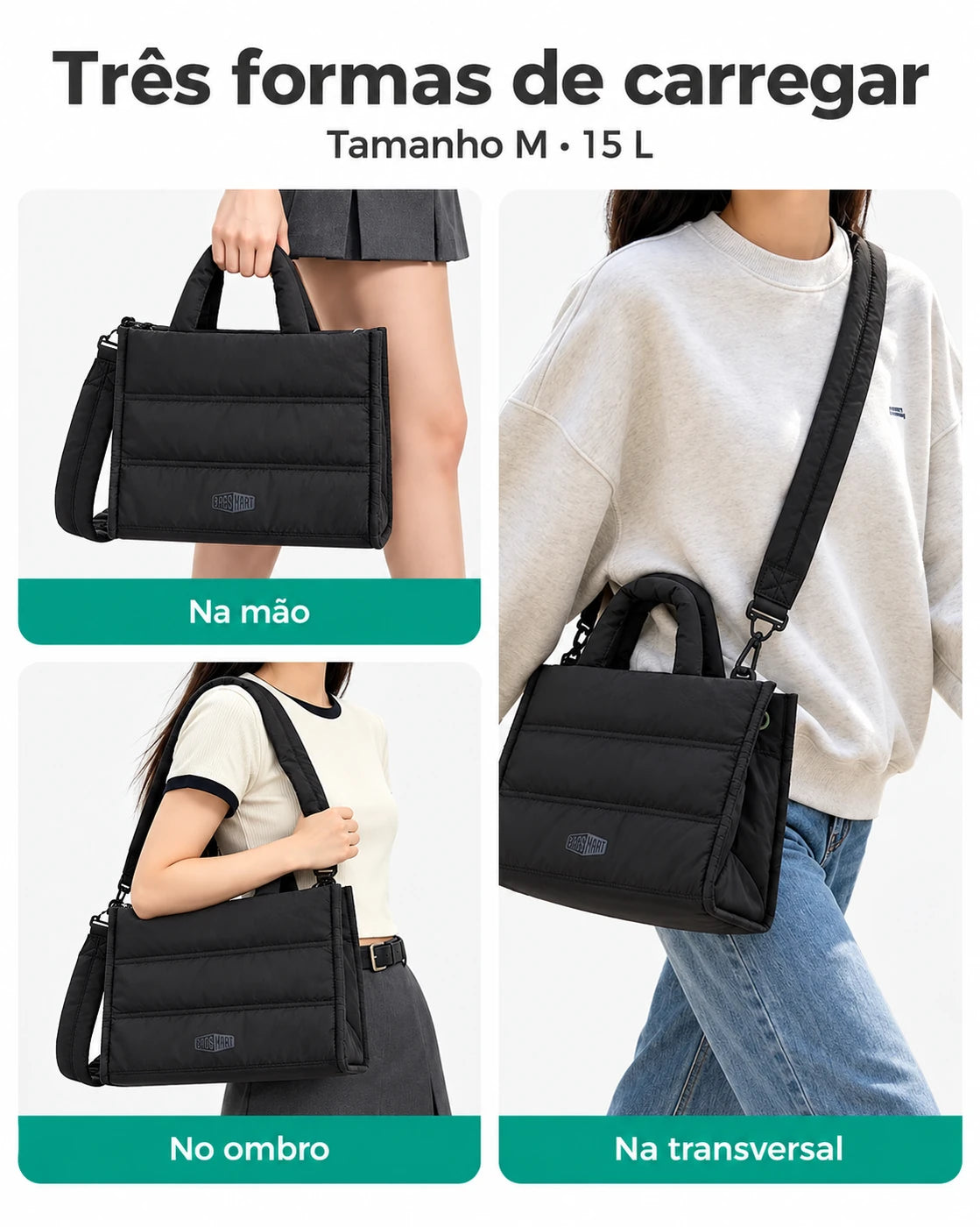 Formas de carregar — bolsa acolchoada Bags Mart cor Preto, tamanho M
