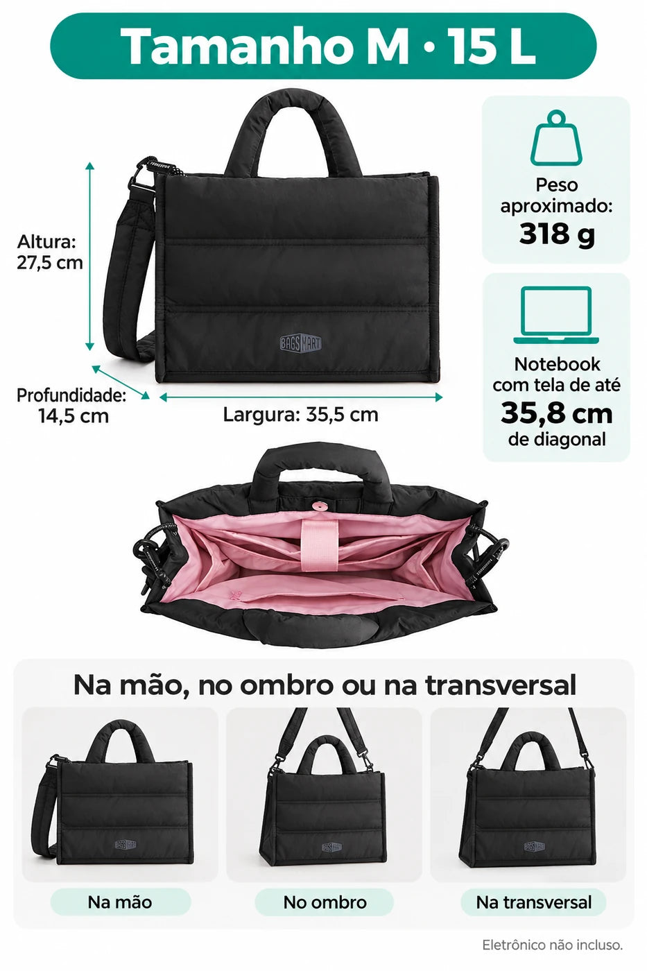 Dimensões em centímetros e peso — bolsa acolchoada Bags Mart cor Preto, tamanho M
