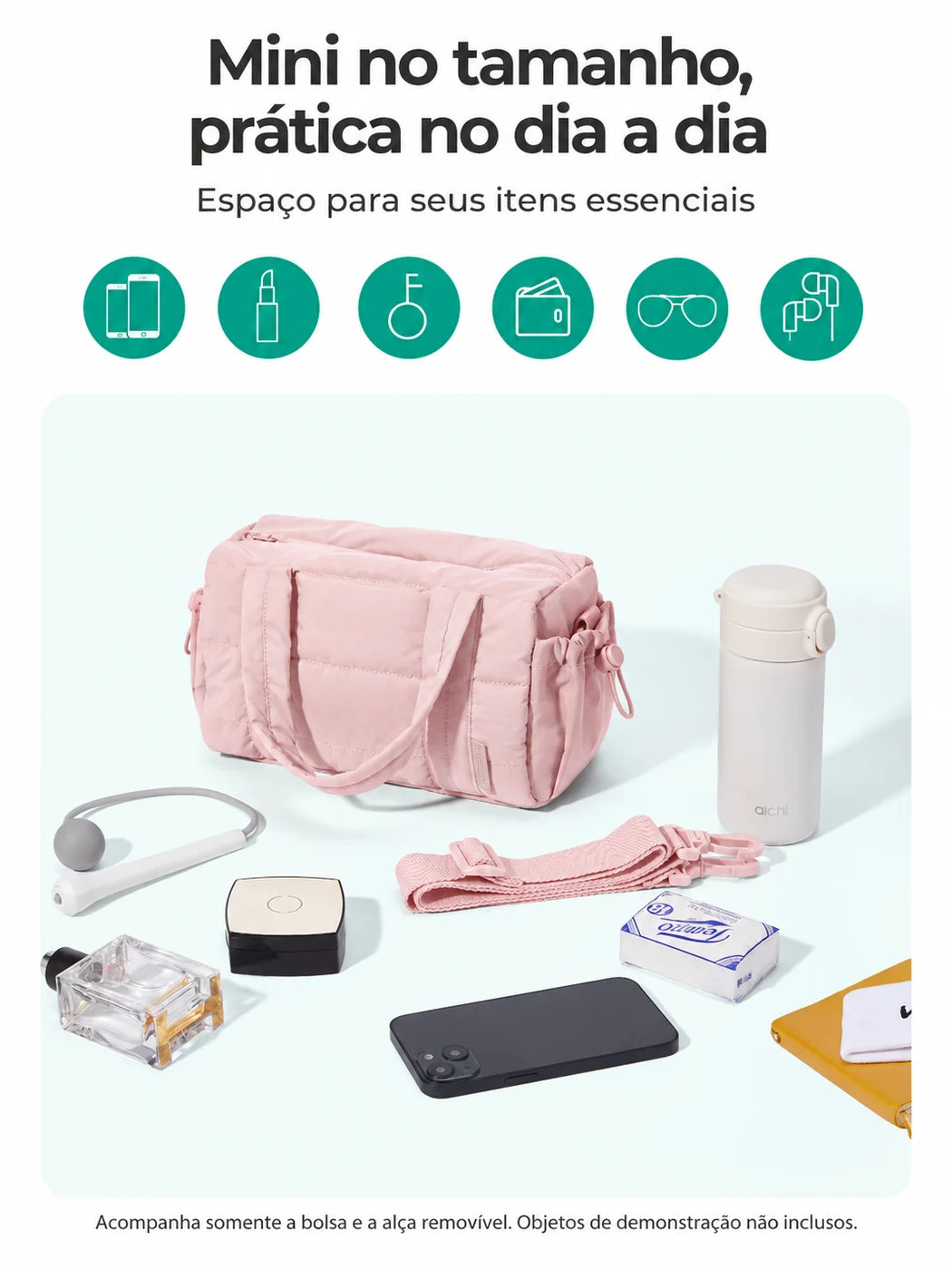 Organização para itens essenciais — bolsa transversal acolchoada Mini5L, cor Rosa