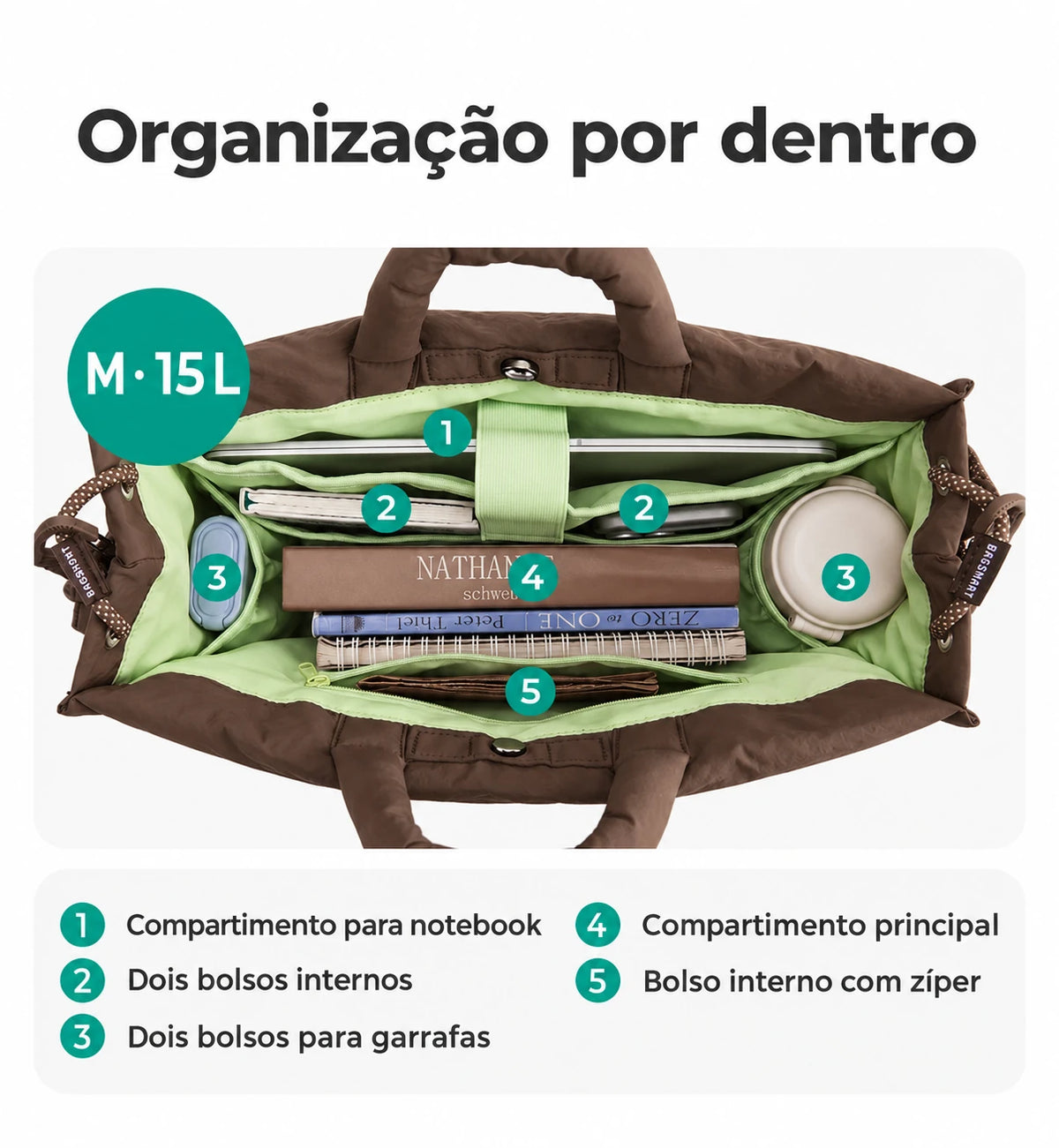 Organização e bolsos internos — bolsa acolchoada Bags Mart cor Marrom, tamanho M