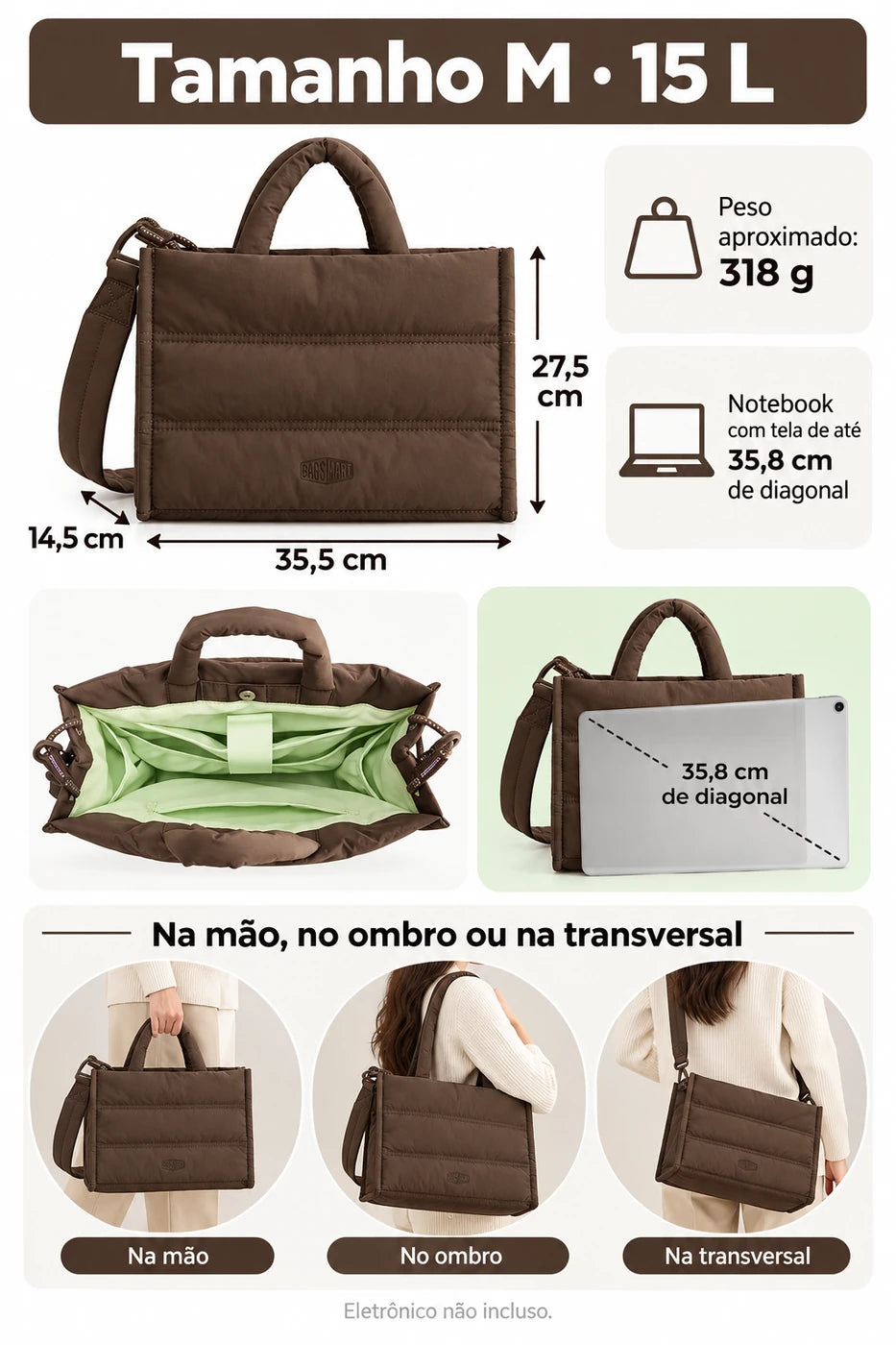 Dimensões em centímetros e peso — bolsa acolchoada Bags Mart cor Marrom, tamanho M