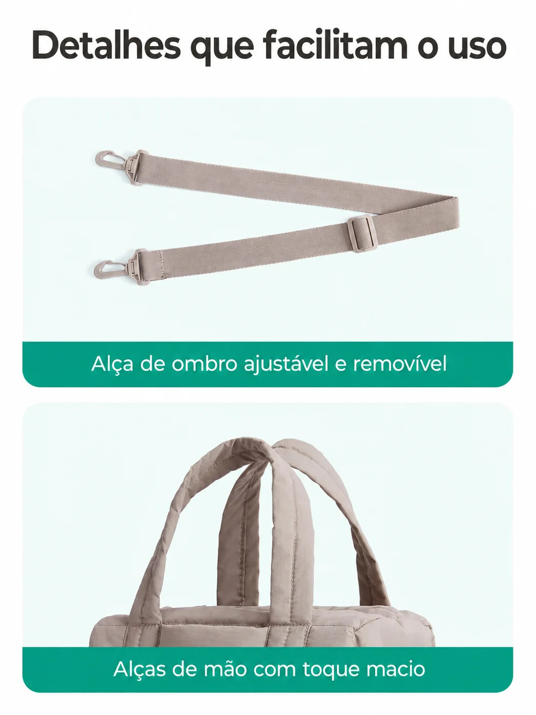 Alças de mão e alça de ombro ajustável — bolsa transversal acolchoada Mini5L, cor Camel