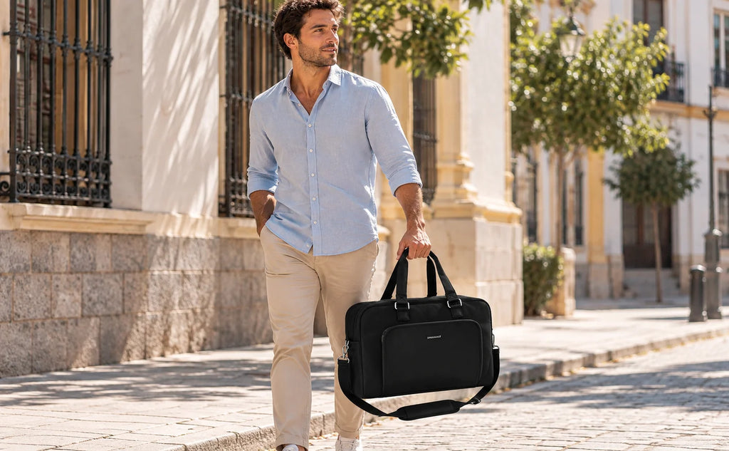 Bolsa em uso — bolsa de viagem com compartimento para notebook, cor Preto