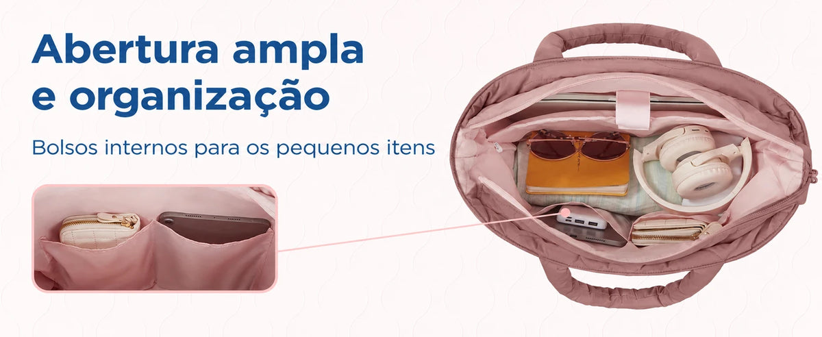 Interior com bolsos e compartimento para notebook — bolsa Boston puffer Bags Mart cor Rosa Escuro