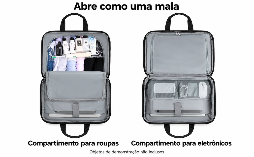 Abertura e organização interna — bolsa de viagem com compartimento para notebook, cor Preto