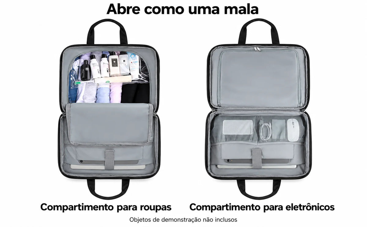 Abertura e organização interna — bolsa de viagem com compartimento para notebook, cor Preto