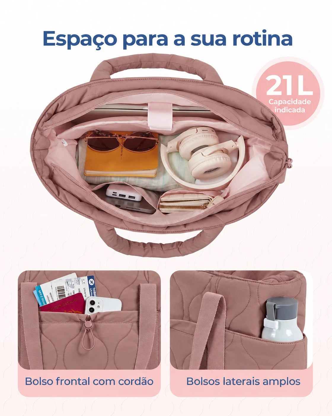 Capacidade e bolsos externos — bolsa Boston puffer Bags Mart cor Rosa Escuro
