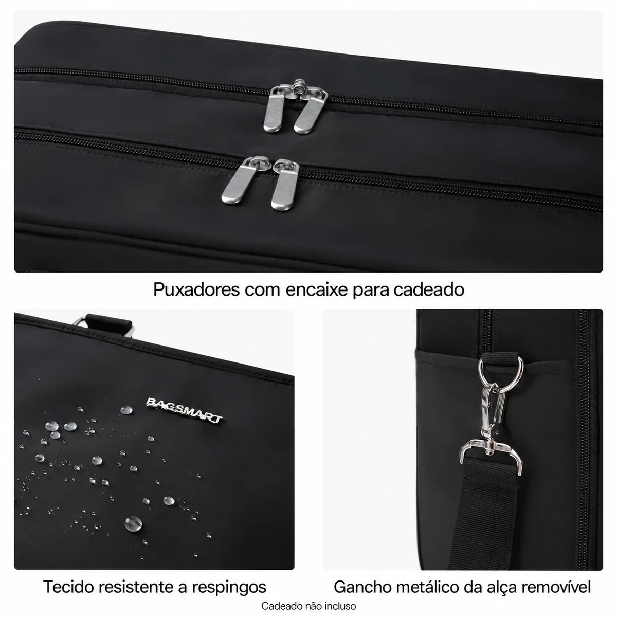 Zíperes, tecido e alça removível — bolsa de viagem com compartimento para notebook, cor Preto