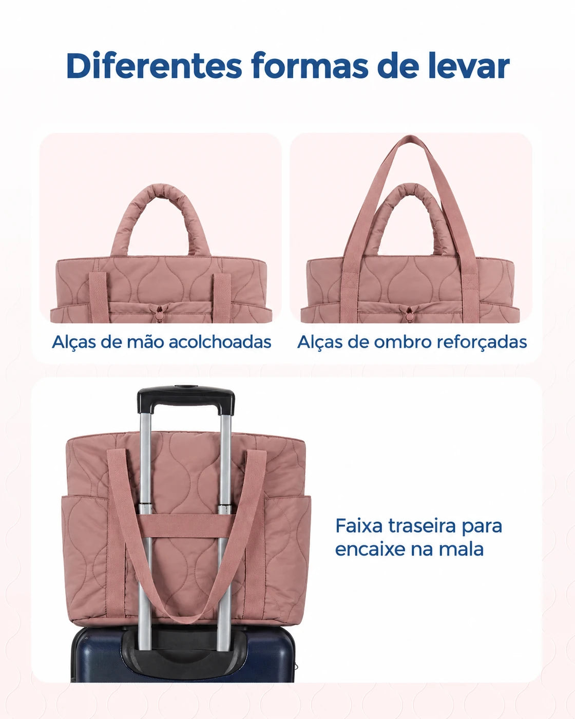 Alças fixas e faixa para mala — bolsa Boston puffer Bags Mart cor Rosa Escuro