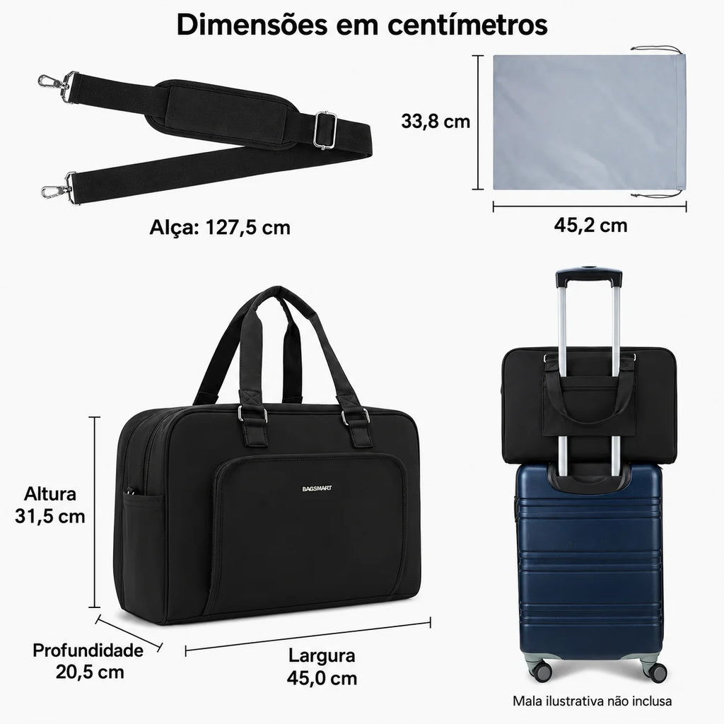 Dimensões em centímetros — bolsa de viagem com compartimento para notebook, cor Preto