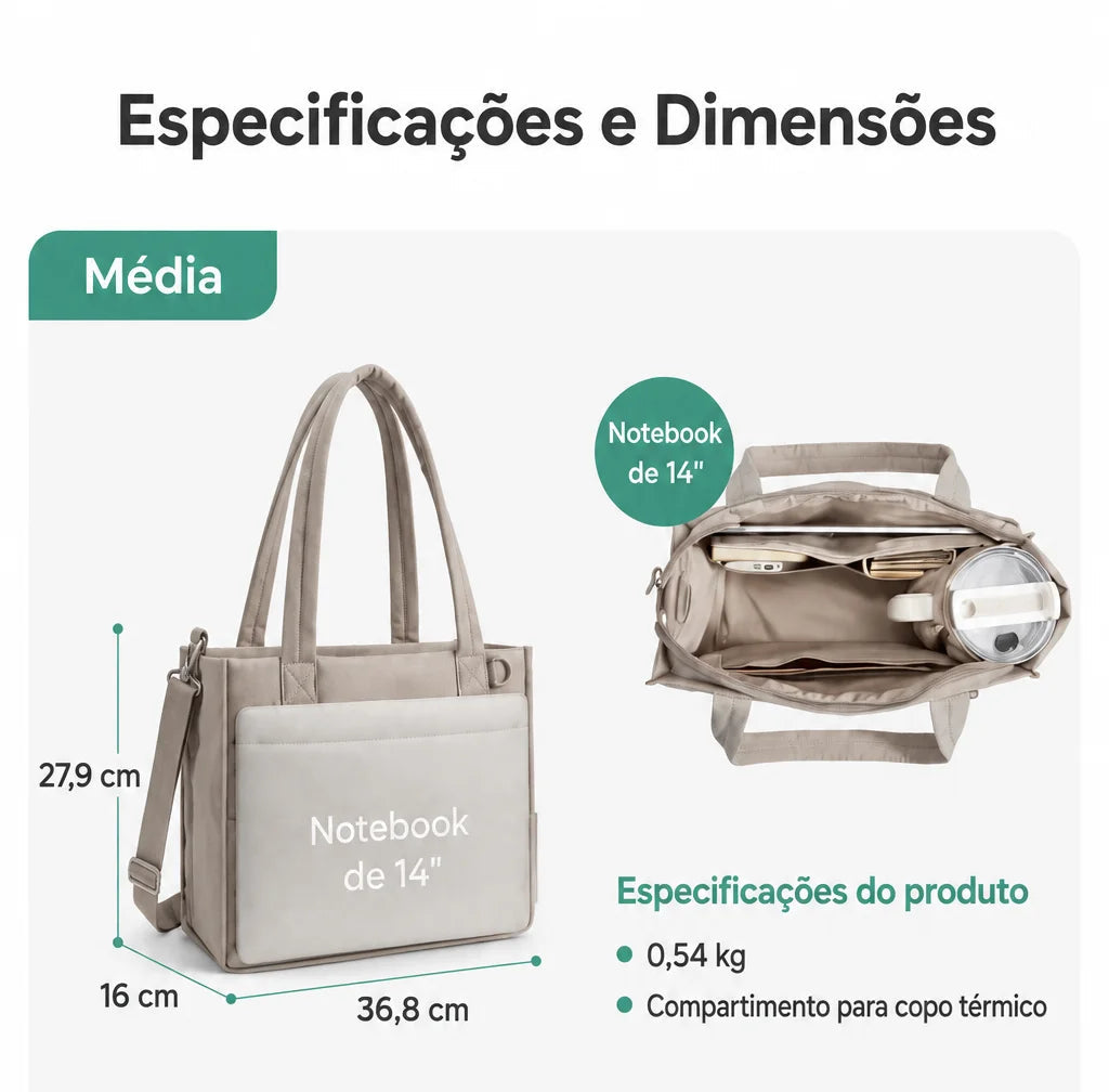 Bolsa Tote Boxy Média - especificações e dimensões em cm, cor bege