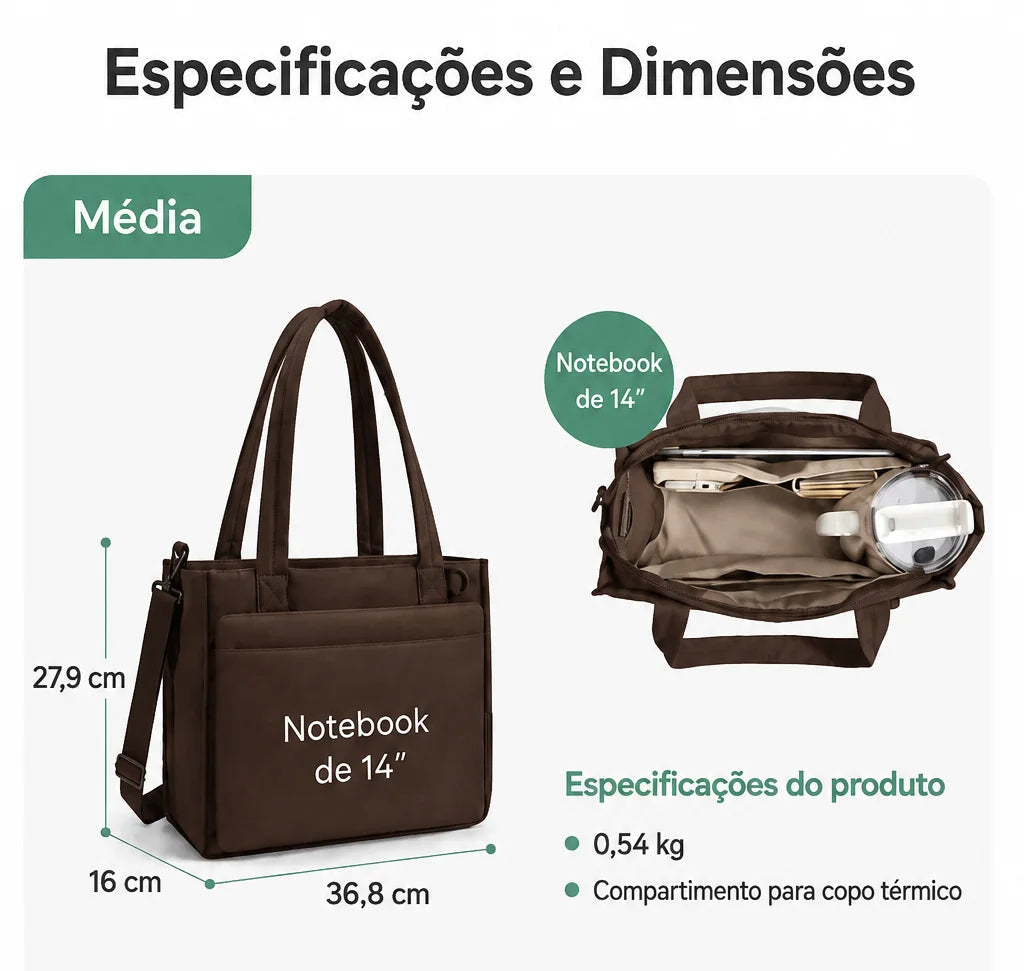 Bolsa Tote Boxy Média - especificações e dimensões em cm, cor café