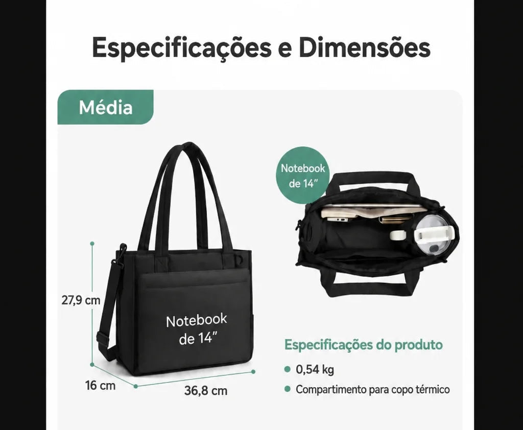 Bolsa Tote Boxy Média - especificações e dimensões em cm, cor preta