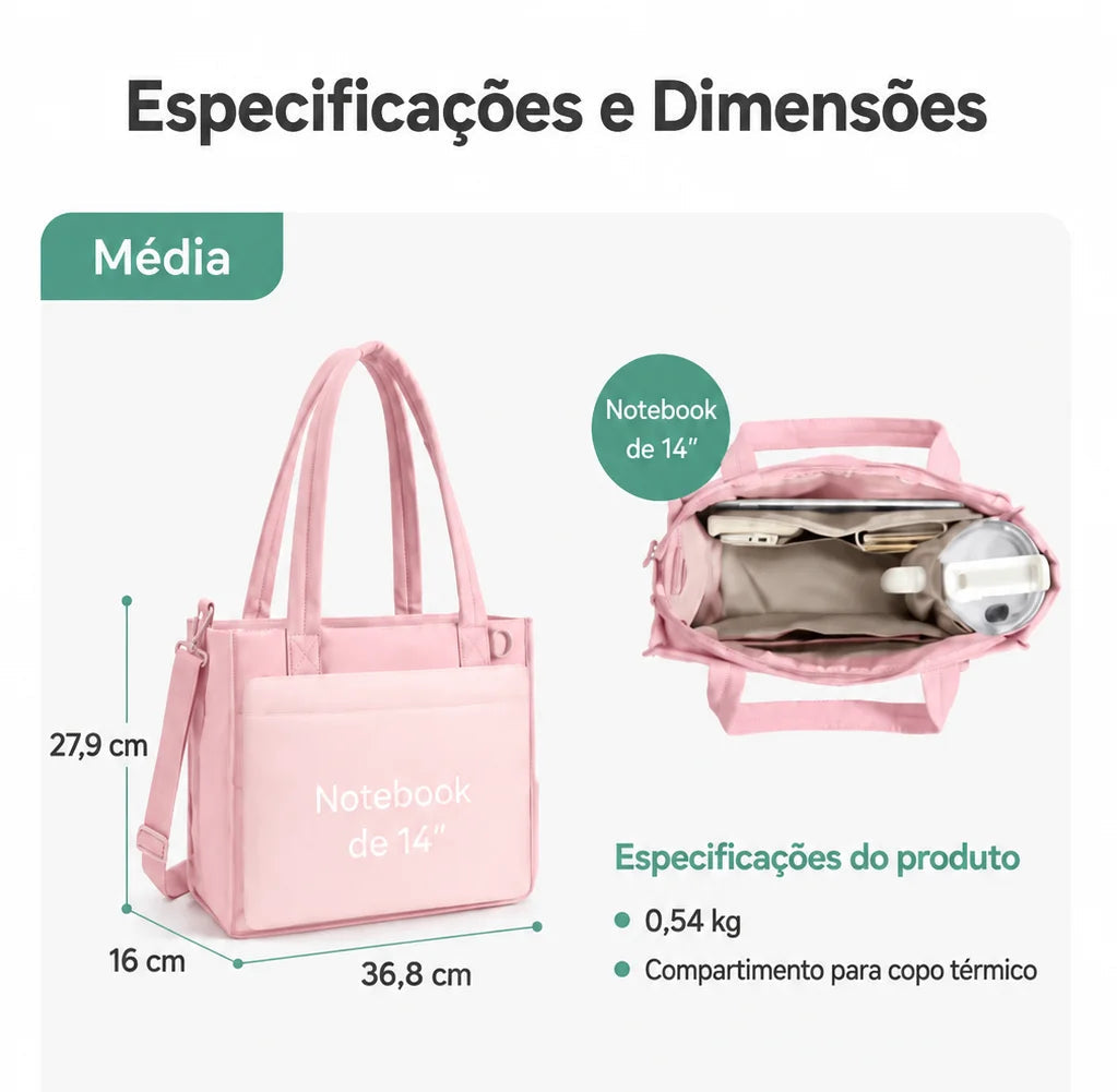 Bolsa Tote Boxy Média - especificações e dimensões em cm, cor rosa