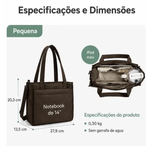 Bolsa Tote Boxy Pequena - especificações e dimensões em cm, cor café