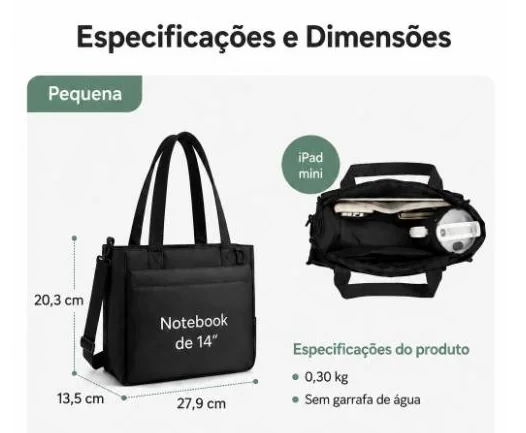 Bolsa Tote Boxy Pequena - especificações e dimensões em cm, cor preta