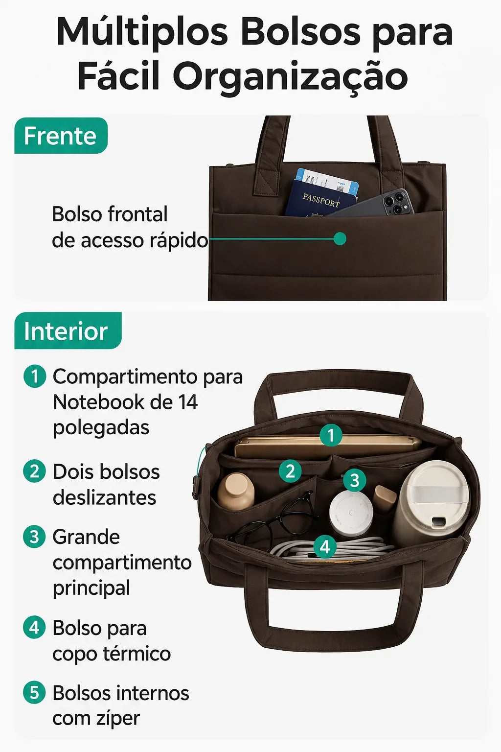 Bolsa Tote Boxy Pequena - múltiplos bolsos, cor café