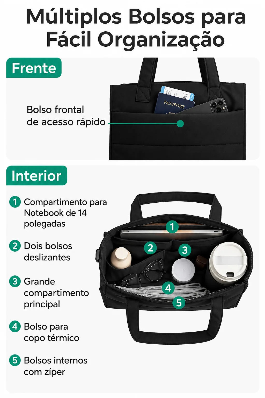 Bolsa Tote Boxy Pequena - múltiplos bolsos, cor preta