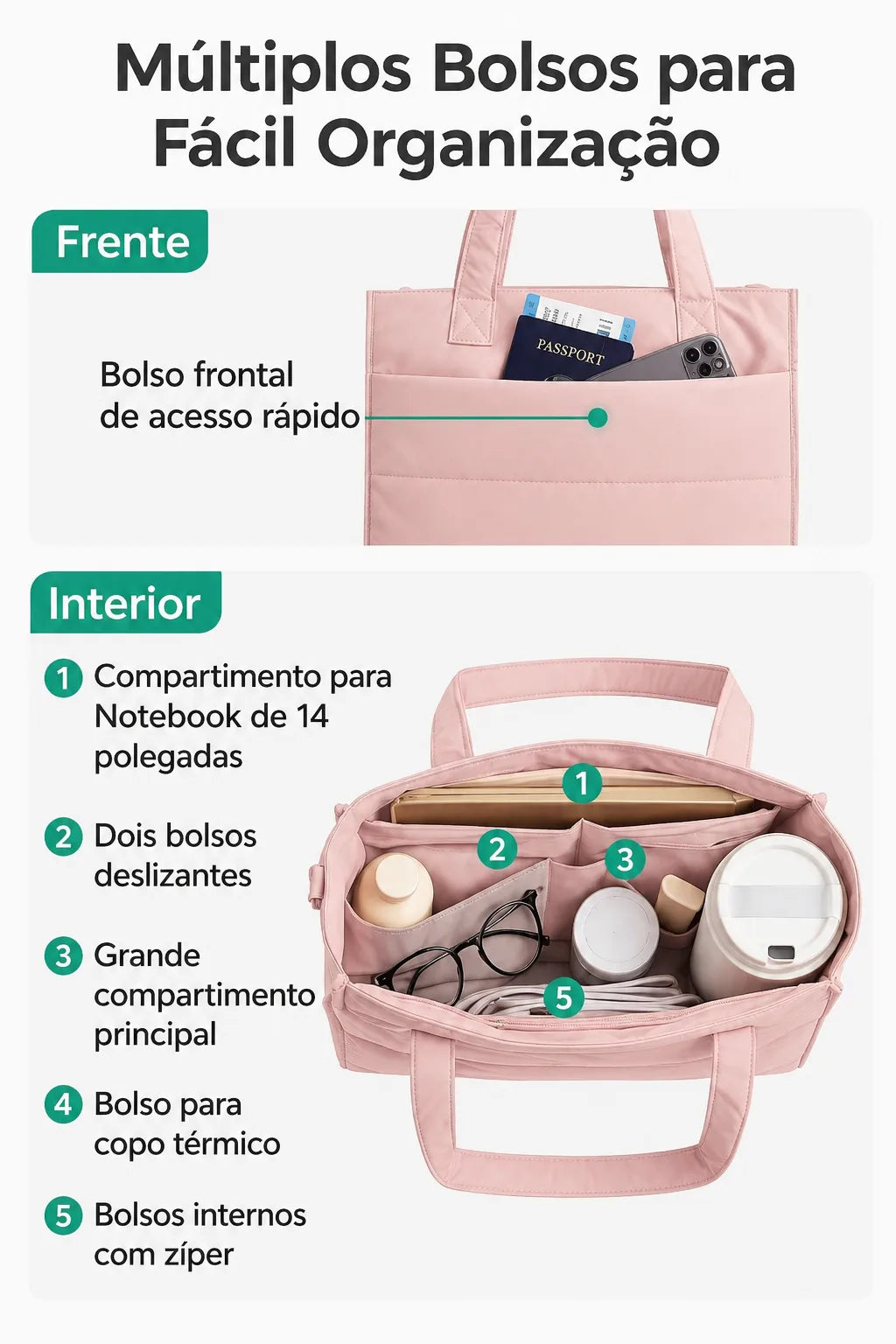 Bolsa Tote Boxy Média - múltiplos bolsos, cor rosa