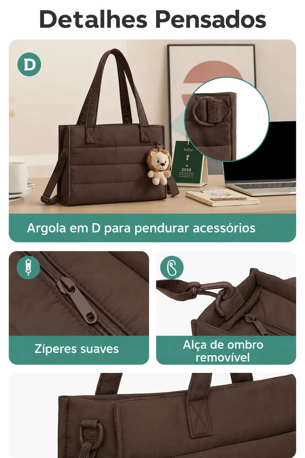 Bolsa Tote Boxy Média - detalhes pensados, cor café