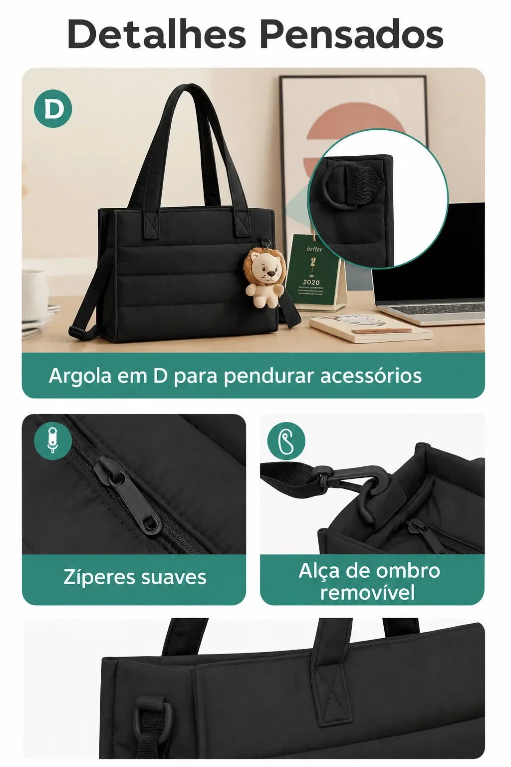 Bolsa Tote Boxy Pequena - detalhes pensados, cor preta