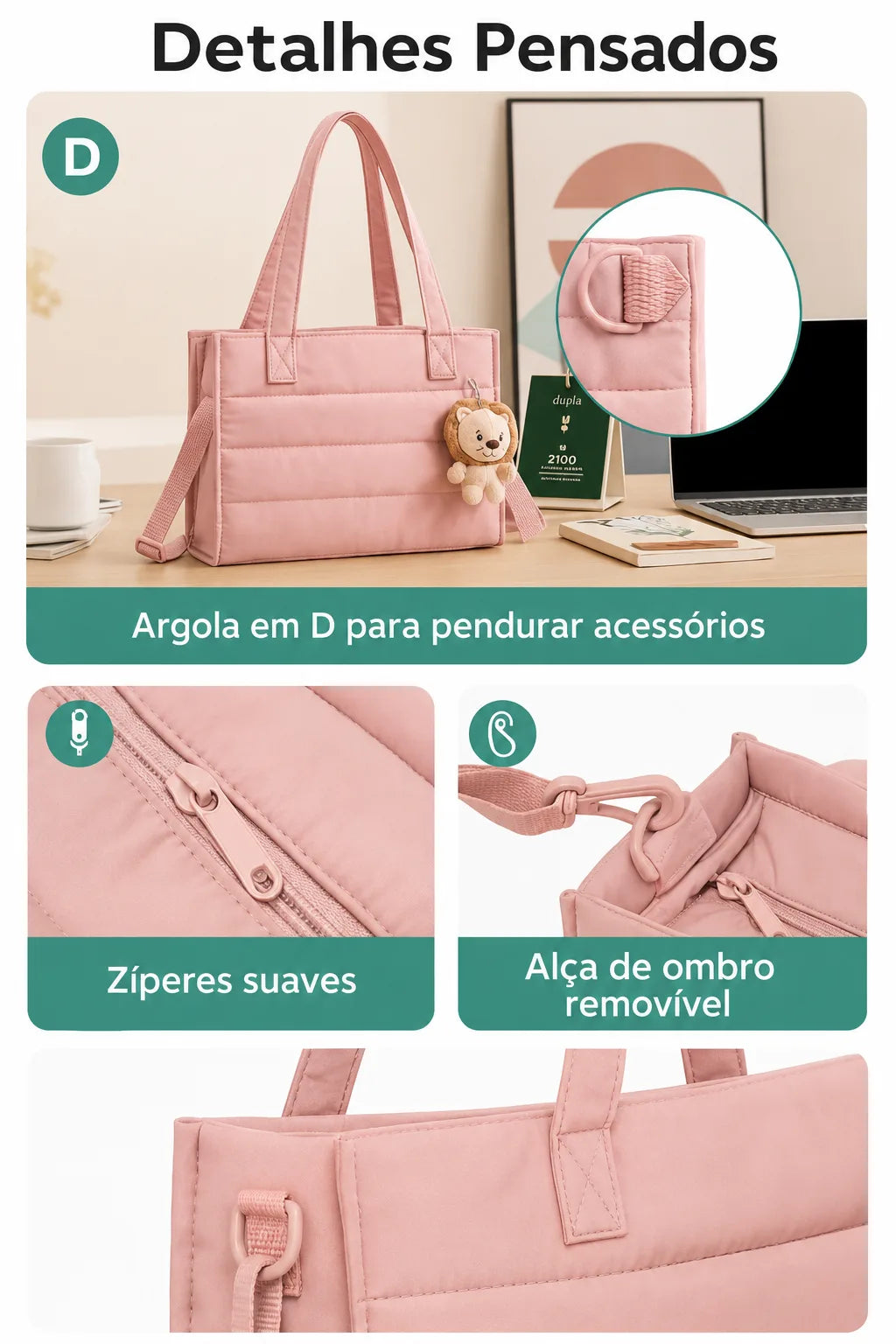 Bolsa Tote Boxy Média - detalhes pensados, cor rosa
