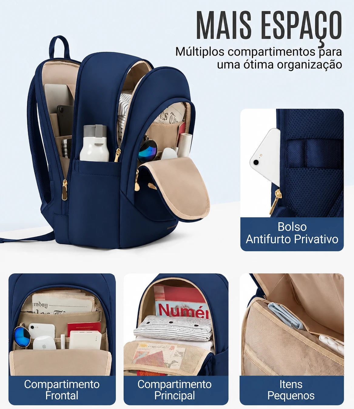 Mochila de Viagem Antifurto Bags Mart Azul - Mais Espaco Multiplos Compartimentos