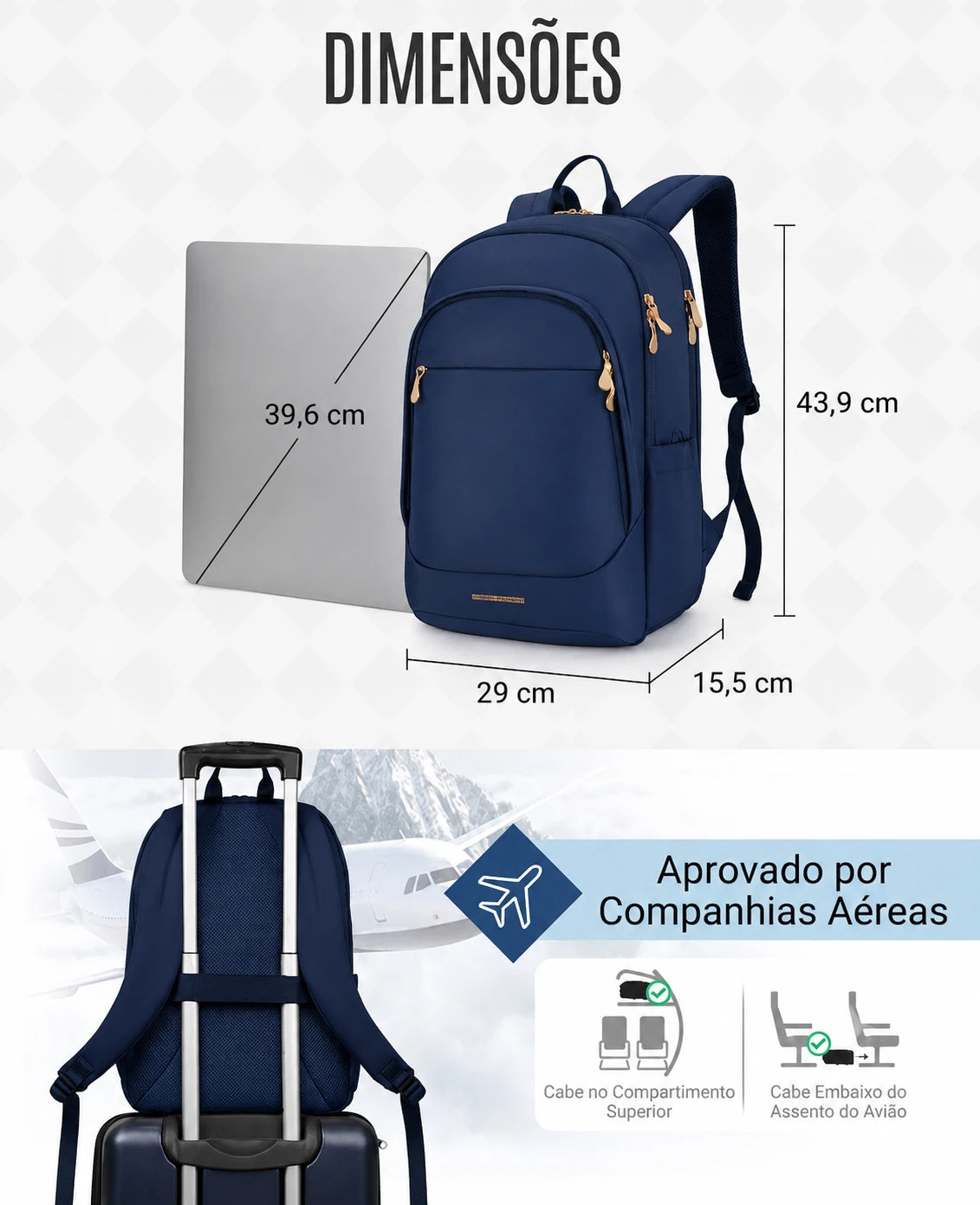 Mochila de Viagem Antifurto Bags Mart Azul - Dimensões (39,6 x 43,9 x 29 x 15,5 cm)