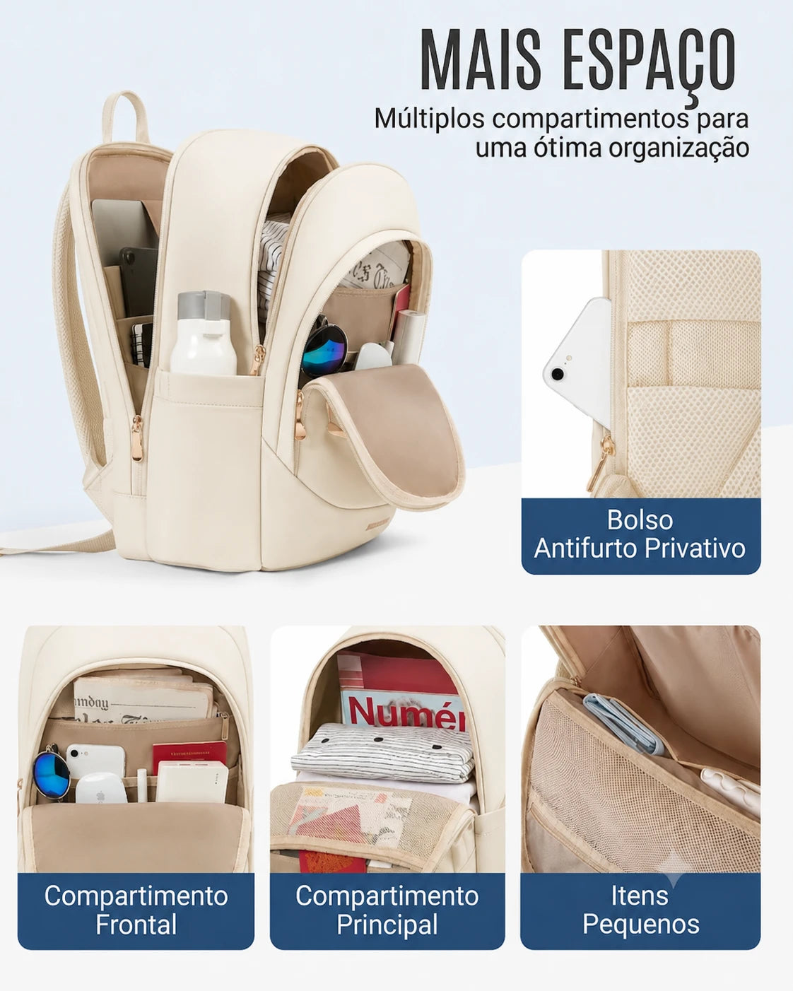 Mochila de Viagem Antifurto Bags Mart Bege - Mais Espaco Multiplos Compartimentos