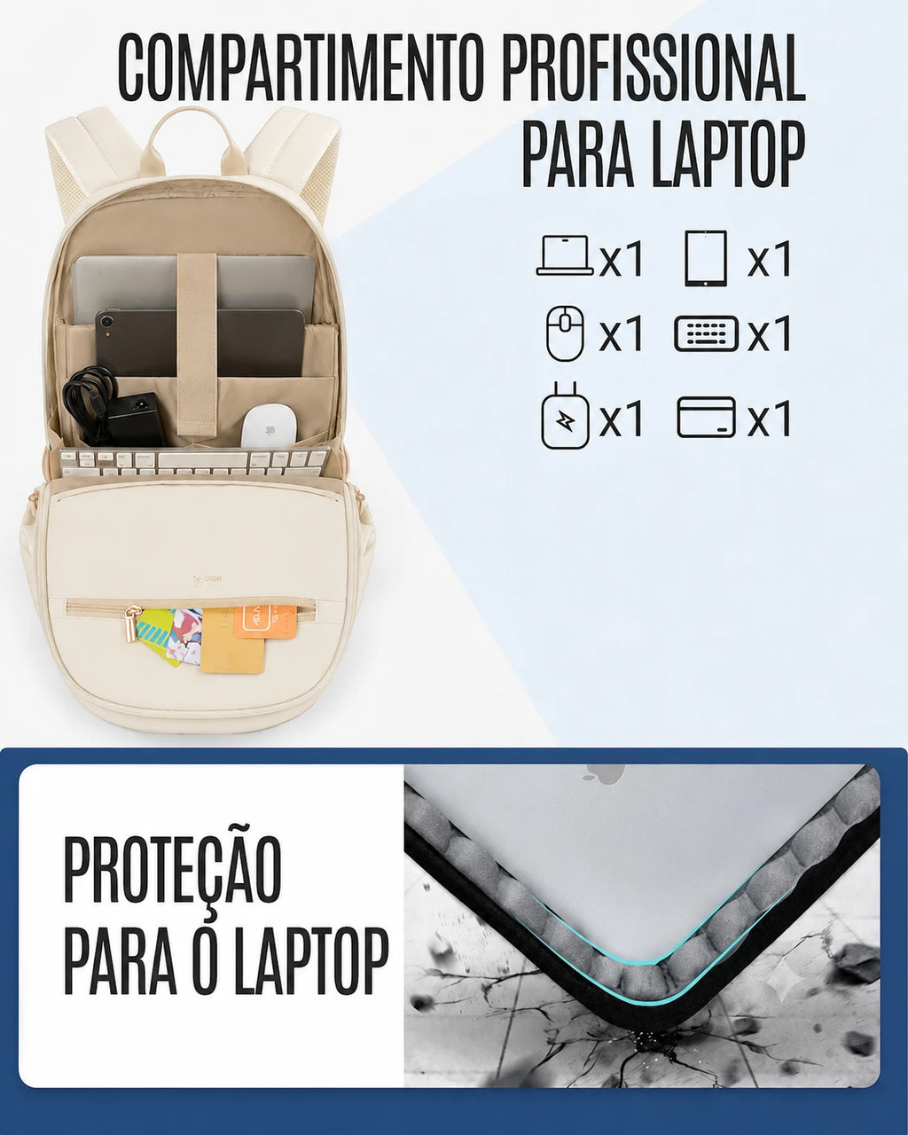 Mochila de Viagem Antifurto Bags Mart Bege - Compartimento Profissional para Laptop