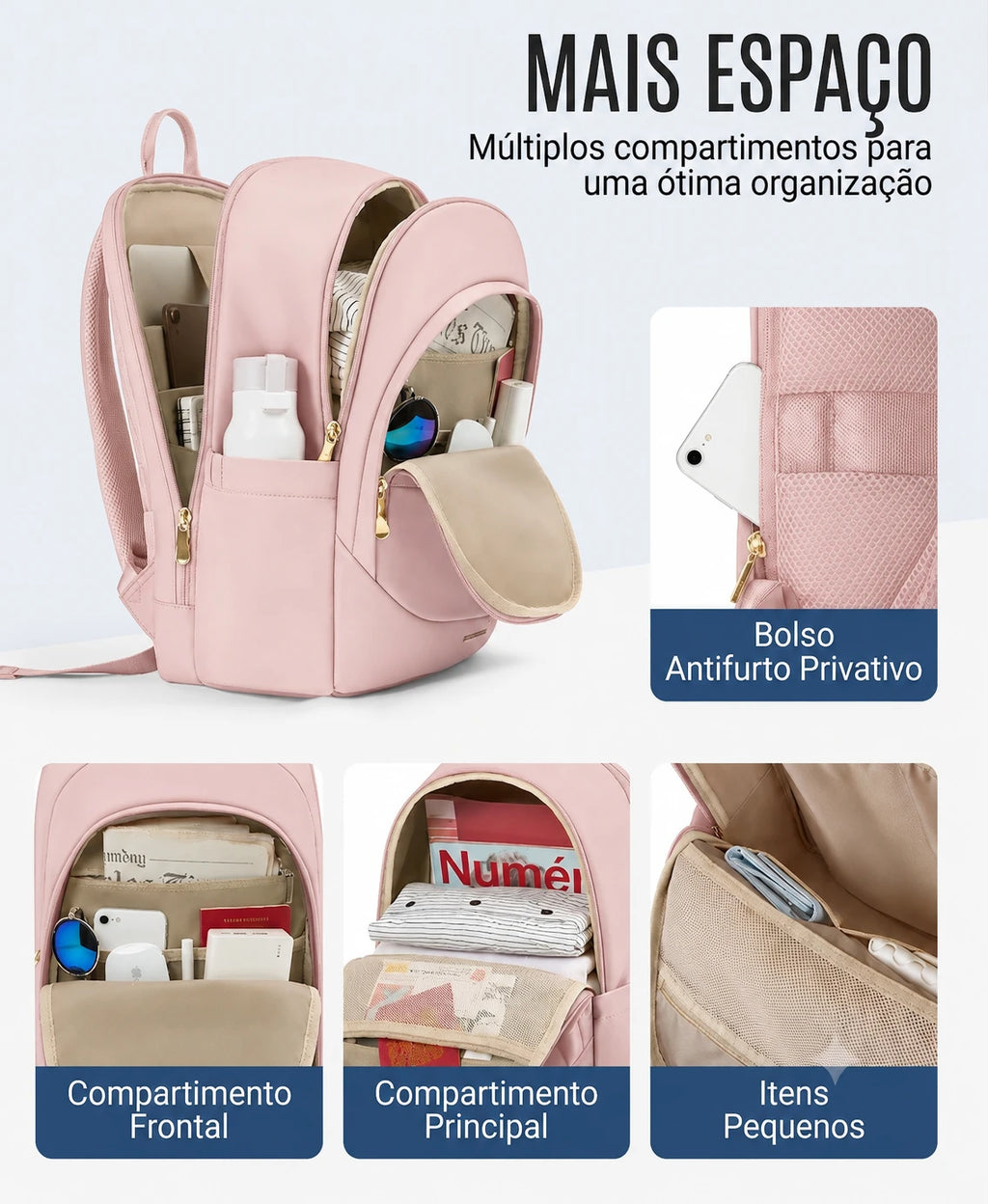 Mochila de Viagem Antifurto Bags Mart Rosa - Mais Espaco Multiplos Compartimentos